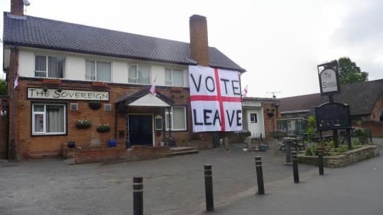 Pub in the UK with a large "vote leave" sign posted outside